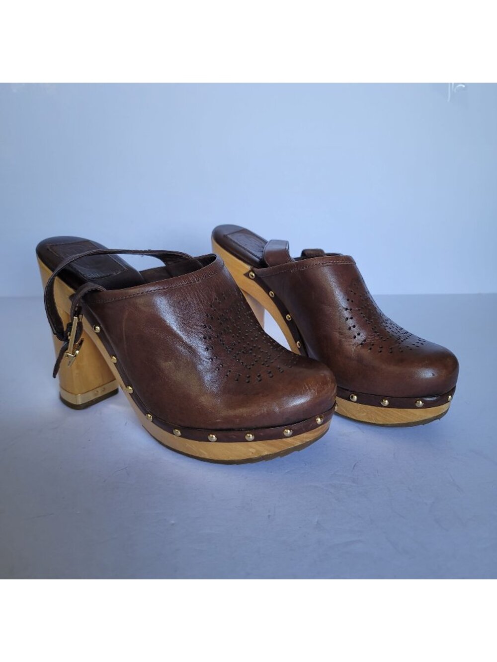 Tory Burch Brayden Studded Perforated Leather Slingback Clogs Block Heel  7.5M